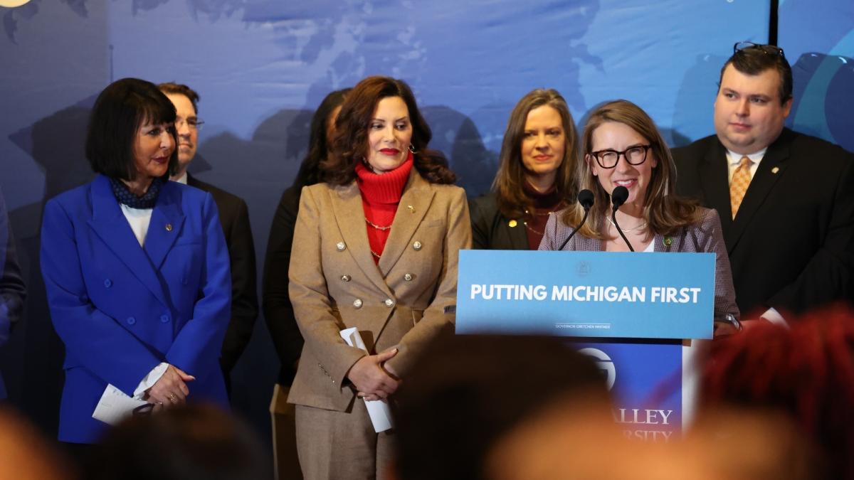 Congresswoman Scholten speaks alongside Michigan colleagues at the Governor's bill signing
